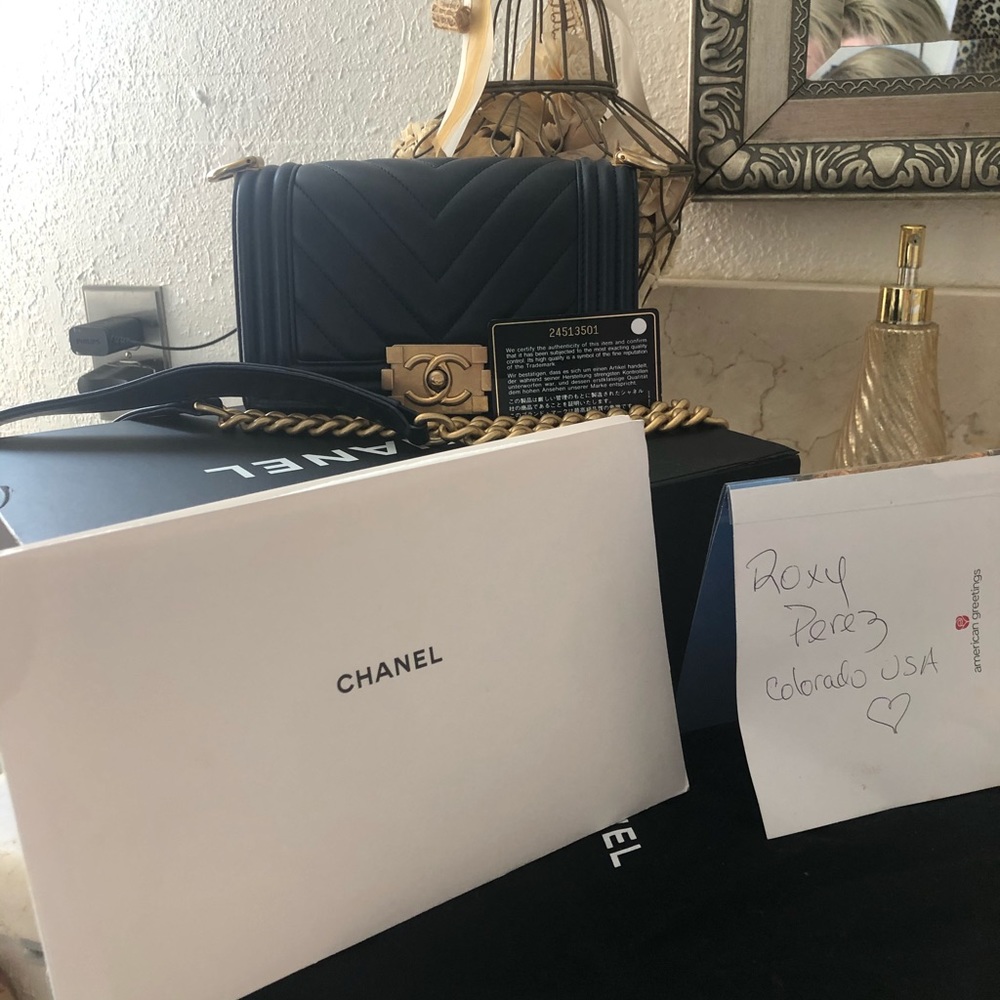 Chanel Chevron Navy Blue Small Boy